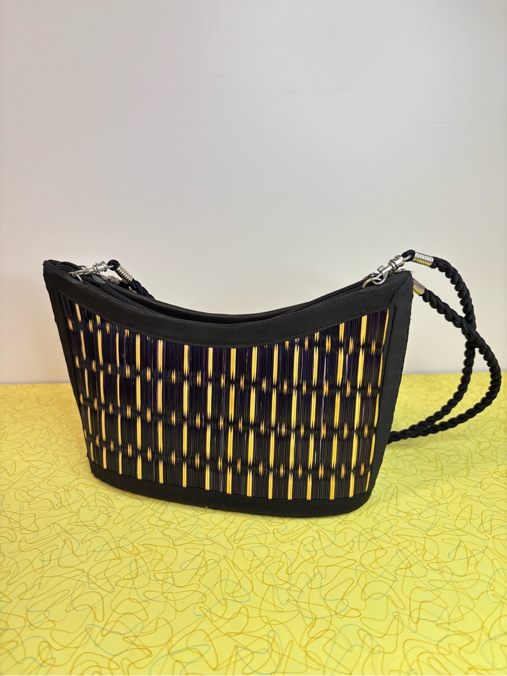 Baskets of Cambodia Woven Black and Yellow Woven Shoulder Bag with Twisted Strap